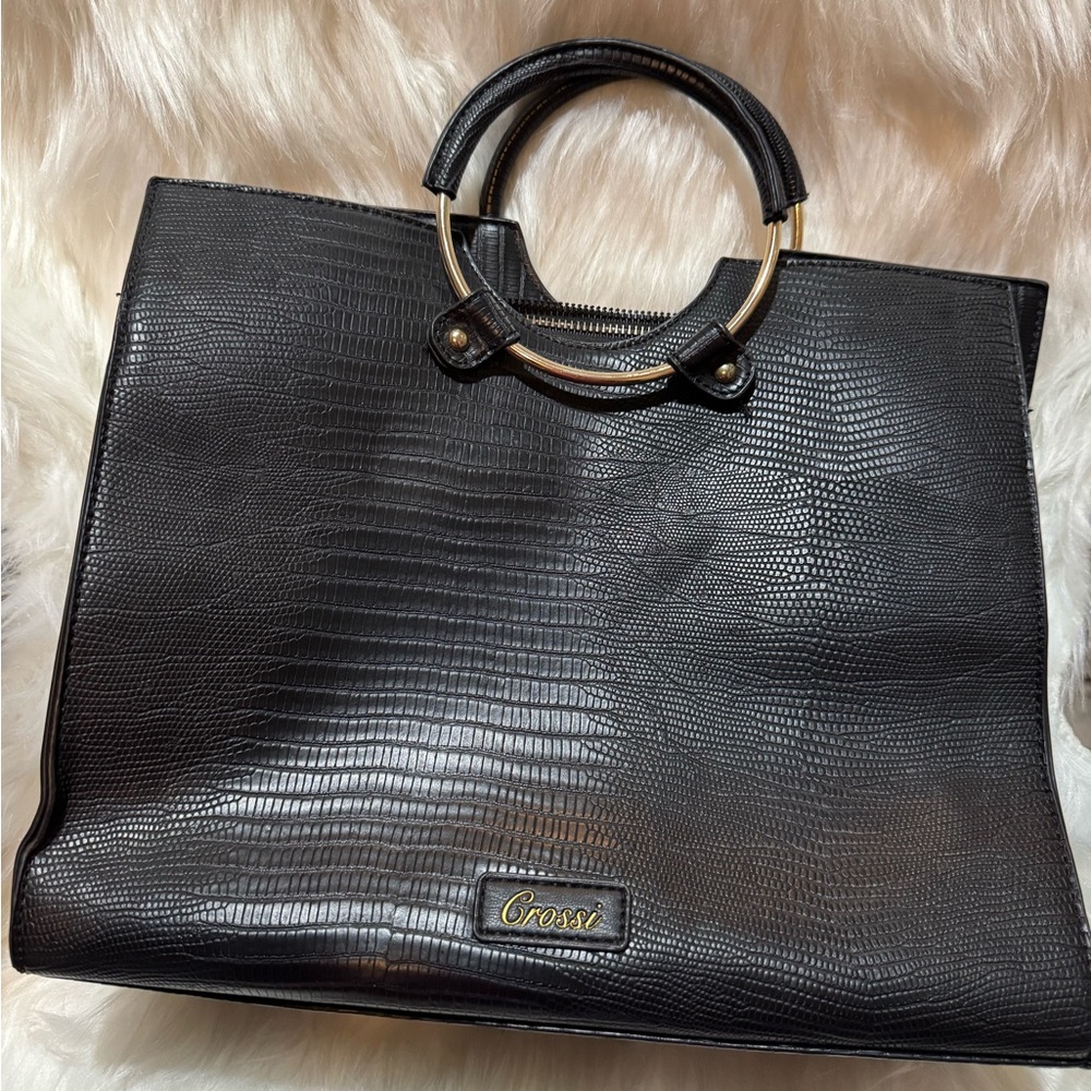 CROCS Black Tote with Architectural Handles and Textured Finish